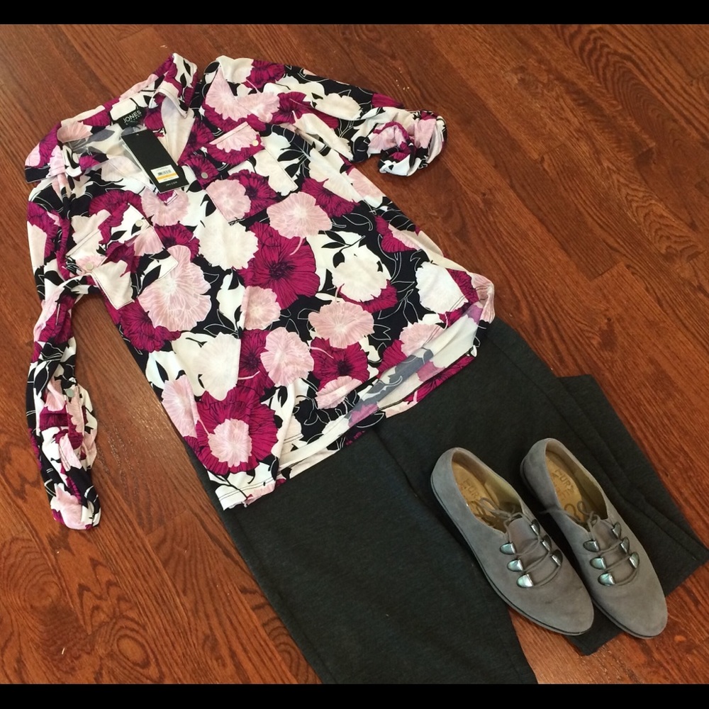 Jones New York Blouse Tab Sleeve Floral Print S - Picture 3 of 9